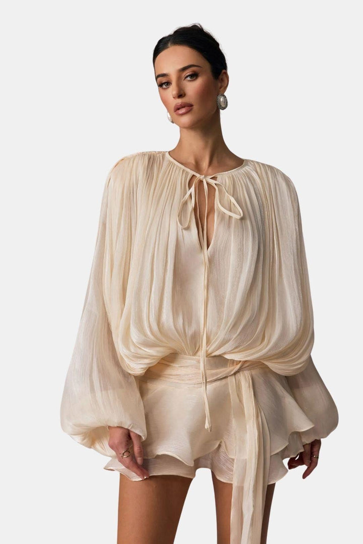 Mini Dress – Structured Pleated Twist Front & Shoulder Pads