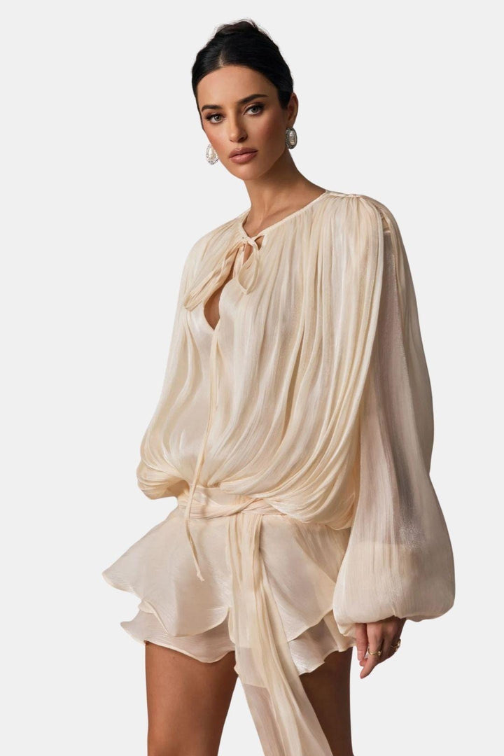Mini Dress – Structured Pleated Twist Front & Shoulder Pads