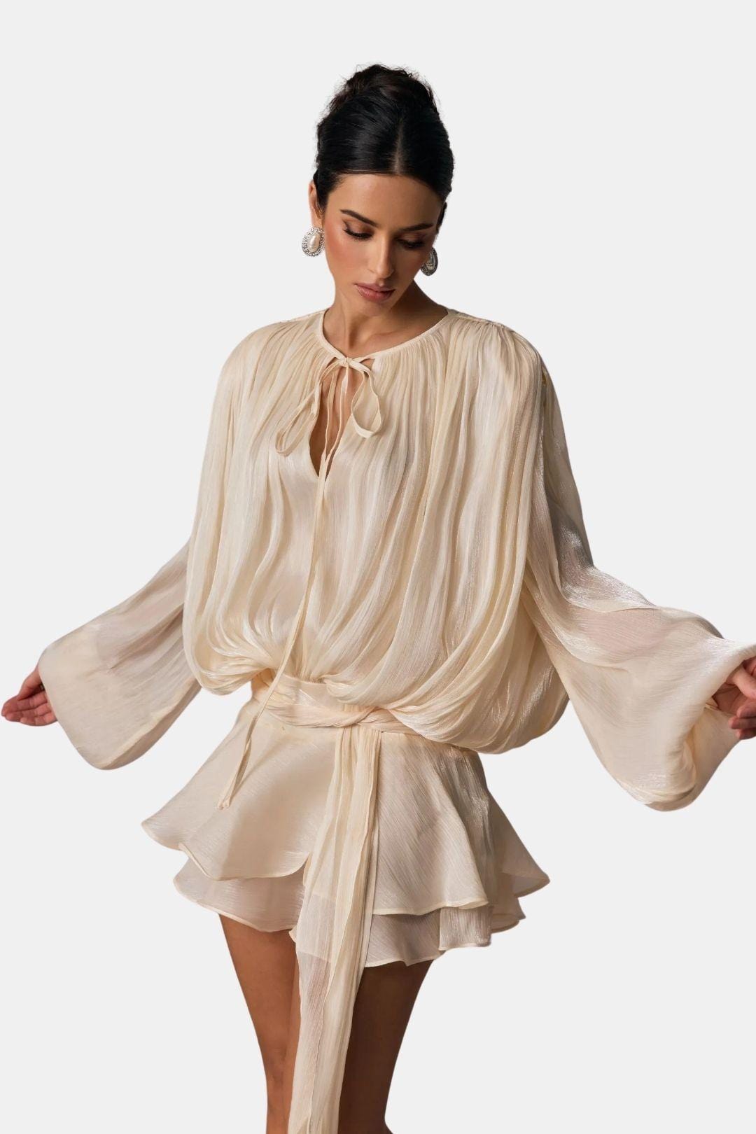 Mini Dress – Structured Pleated Twist Front & Shoulder Pads