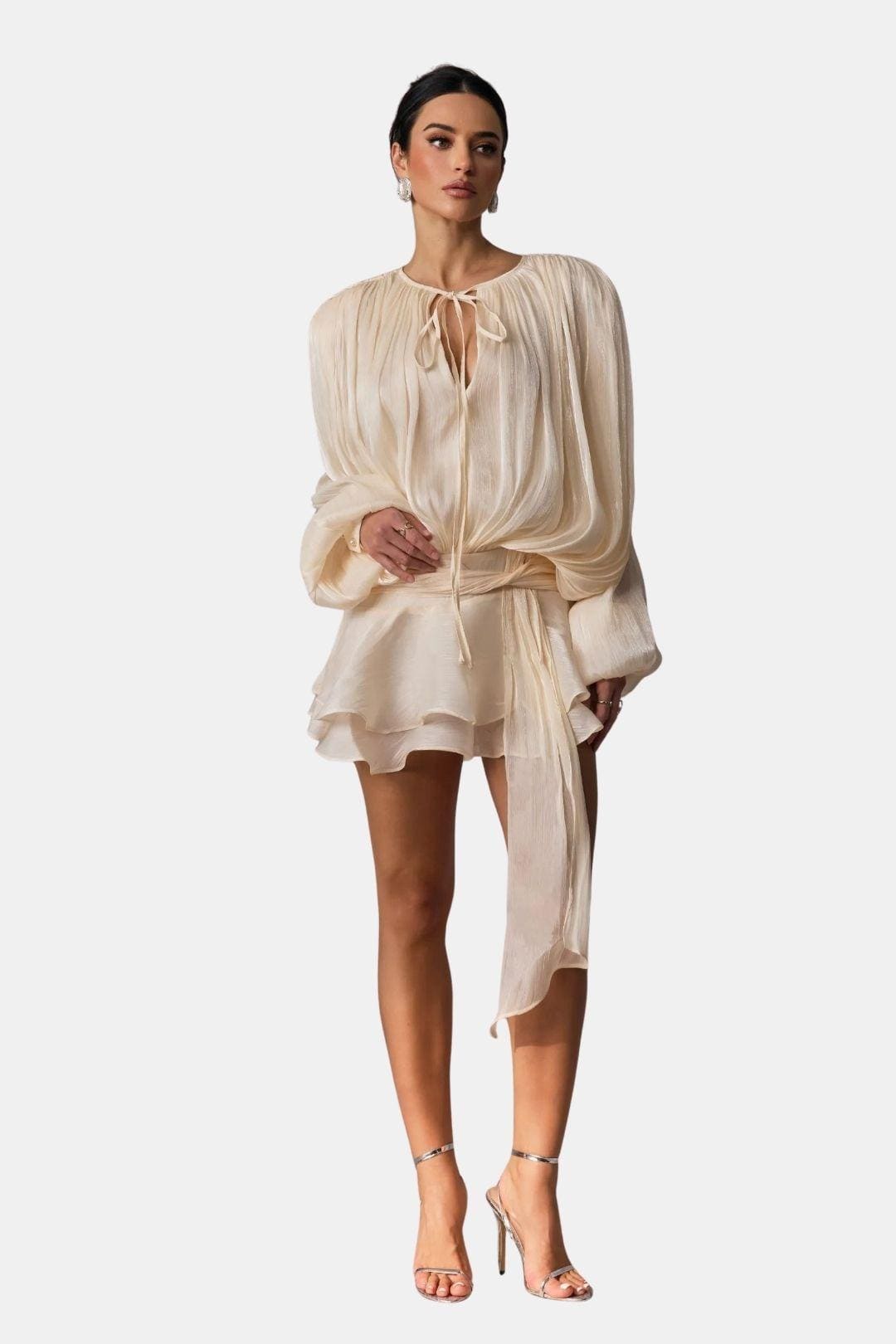 Mini Dress – Structured Pleated Twist Front & Shoulder Pads