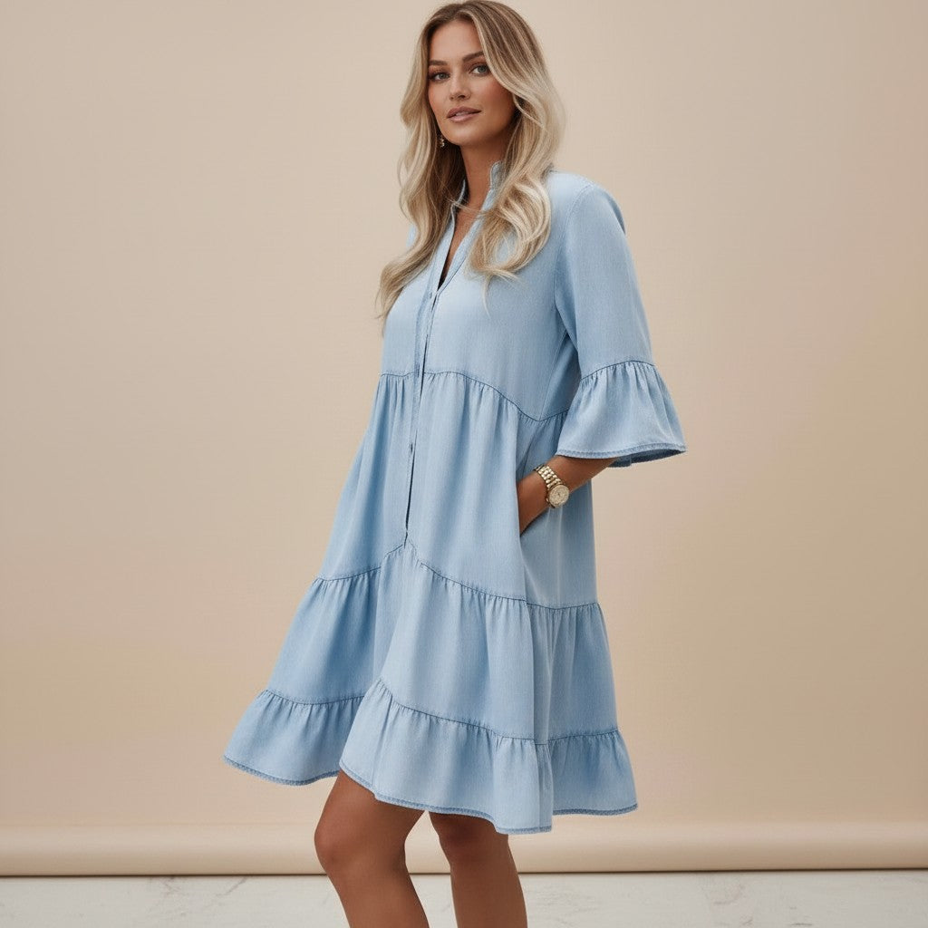 Denim Midi Dress Women Washed Cotton – Half Sleeve Relaxed Fit