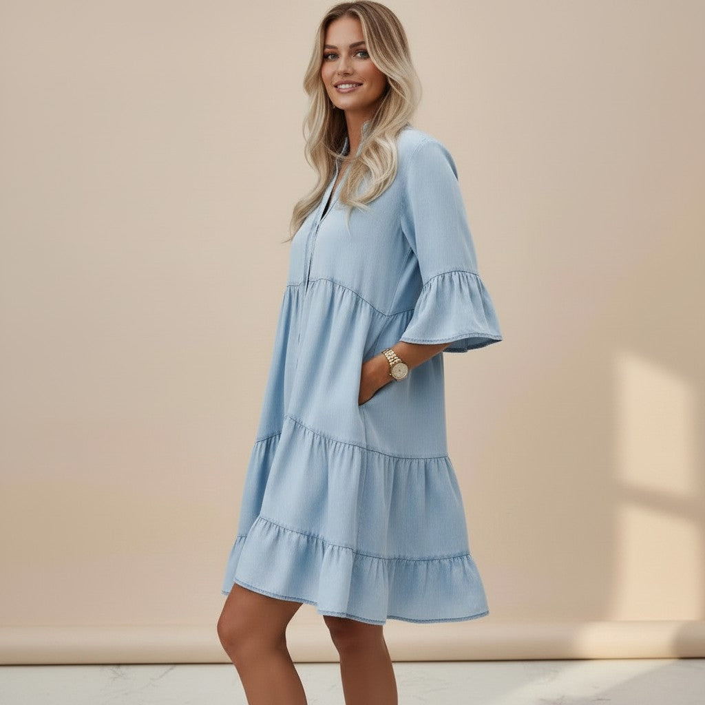 Denim Midi Dress Women Washed Cotton – Half Sleeve Relaxed Fit
