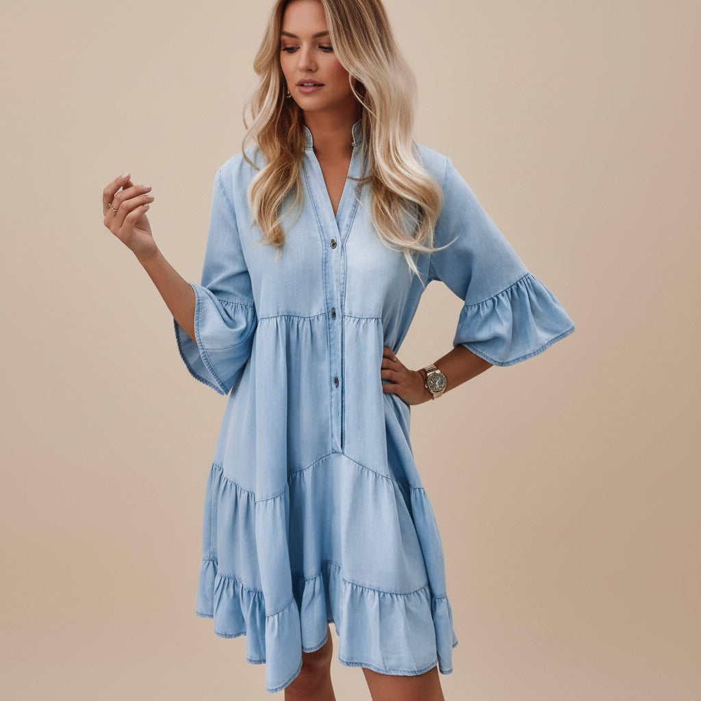 Denim Midi Dress Women Washed Cotton – Half Sleeve Relaxed Fit