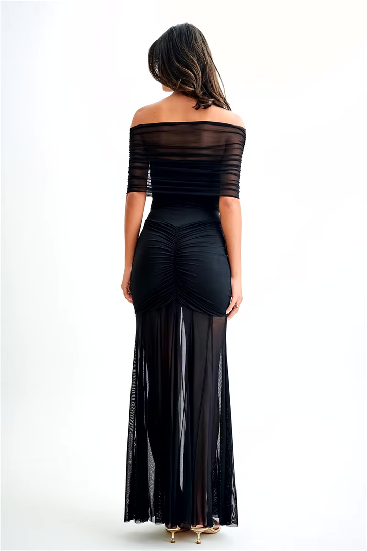 Formal Maxi Dress – Off-Shoulder Mesh Overlay with Draped Detail
