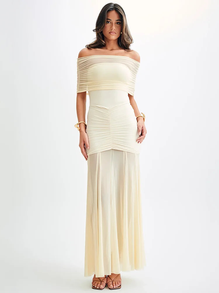 Formal Maxi Dress – Off-Shoulder Mesh Overlay with Draped Detail