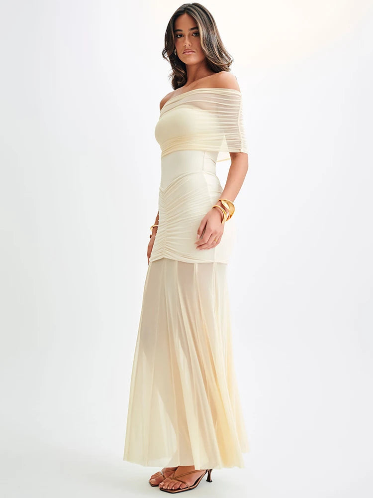Formal Maxi Dress – Off-Shoulder Mesh Overlay with Draped Detail