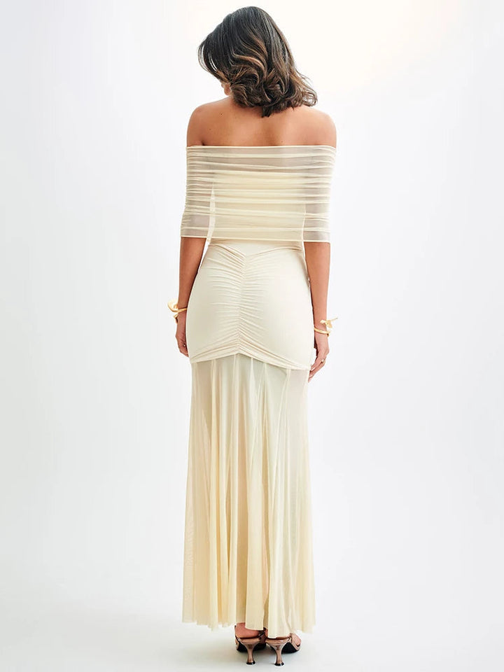 Formal Maxi Dress – Off-Shoulder Mesh Overlay with Draped Detail