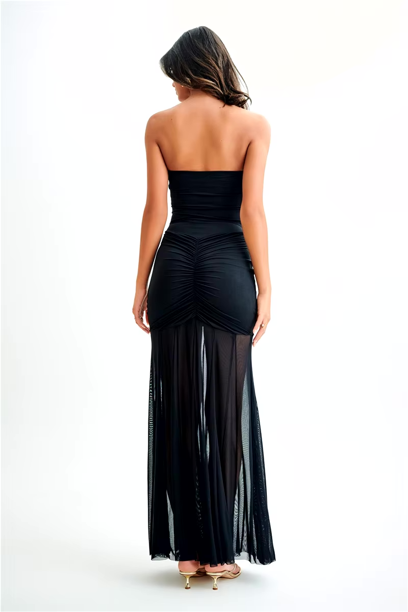 Formal Maxi Dress – Off-Shoulder Mesh Overlay with Draped Detail