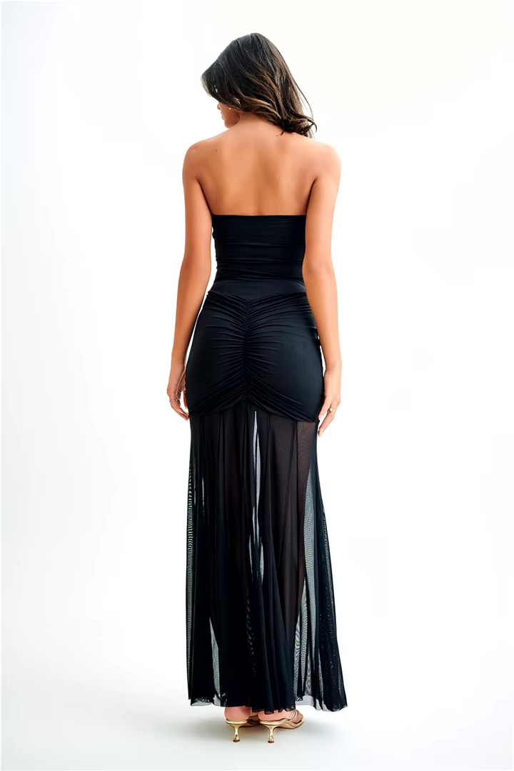 Formal Maxi Dress – Off-Shoulder Mesh Overlay with Draped Detail