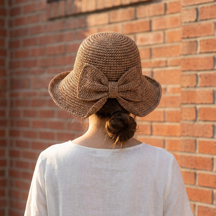 Wide Brim Sun Hat for Women – Braided Texture with Bow Detail