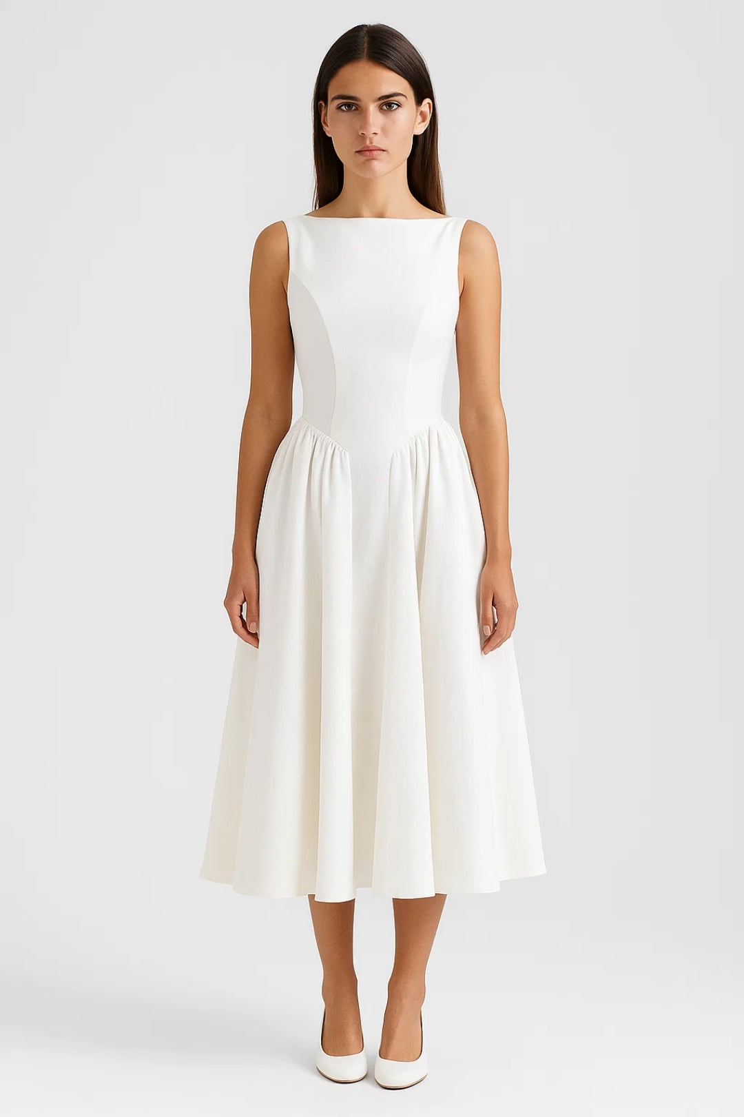 Open Back Midi Dress – Backless Fitted Waist & Flowing Skirt
