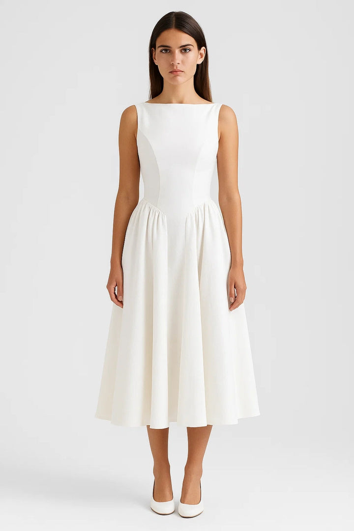 Open Back Midi Dress – Backless Fitted Waist & Flowing Skirt