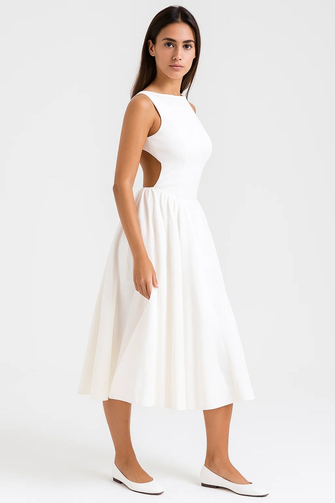 Open Back Midi Dress – Backless Fitted Waist & Flowing Skirt