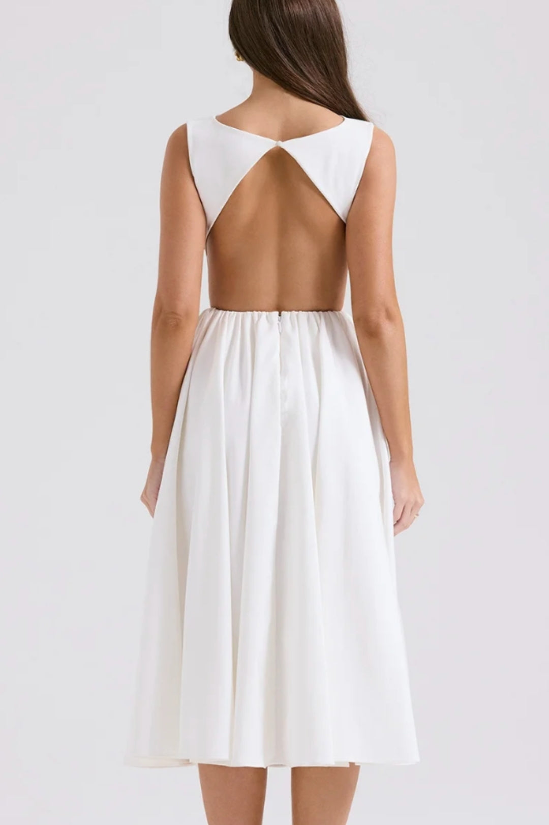Open Back Midi Dress – Backless Fitted Waist & Flowing Skirt