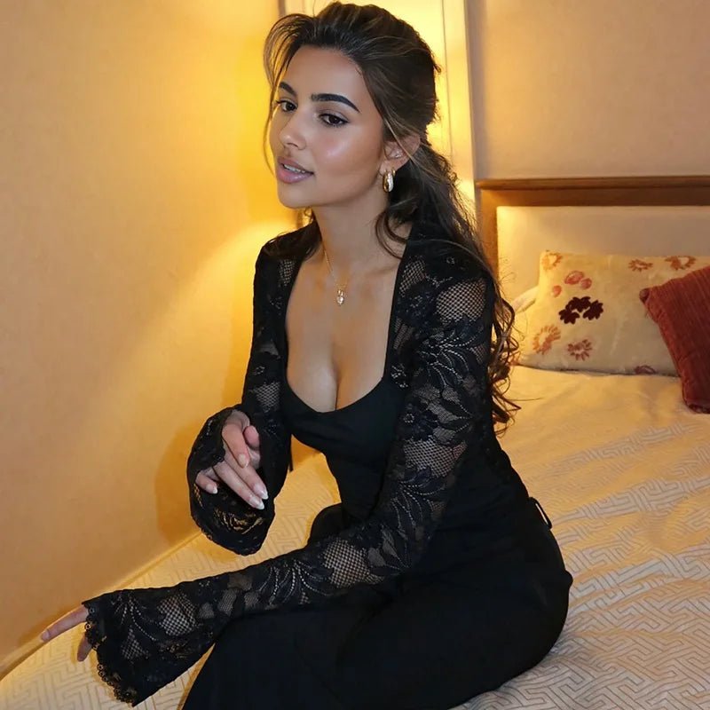 Lace Mesh Blouse – Square Neck Flared Long Sleeve Sheer Top