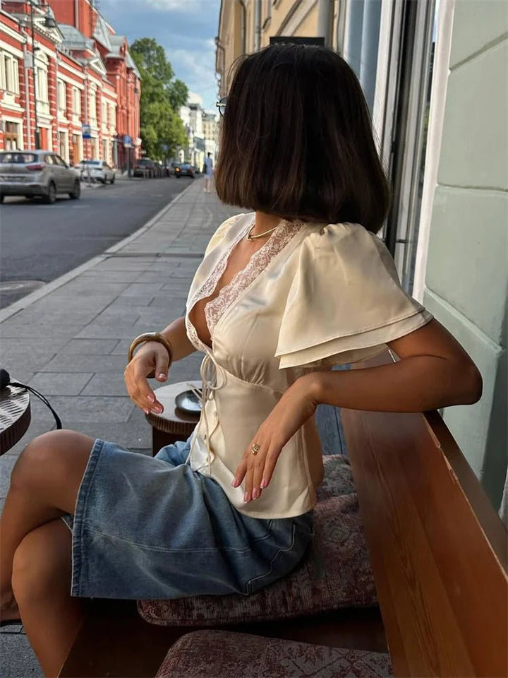 Satin Blouse for Women – Lace Trim Cropped Top, Silky