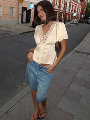 Satin Blouse for Women – Lace Trim Cropped Top, Silky