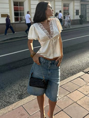 Satin Blouse for Women – Lace Trim Cropped Top, Silky