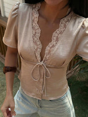 Satin Blouse for Women – Lace Trim Cropped Top, Silky