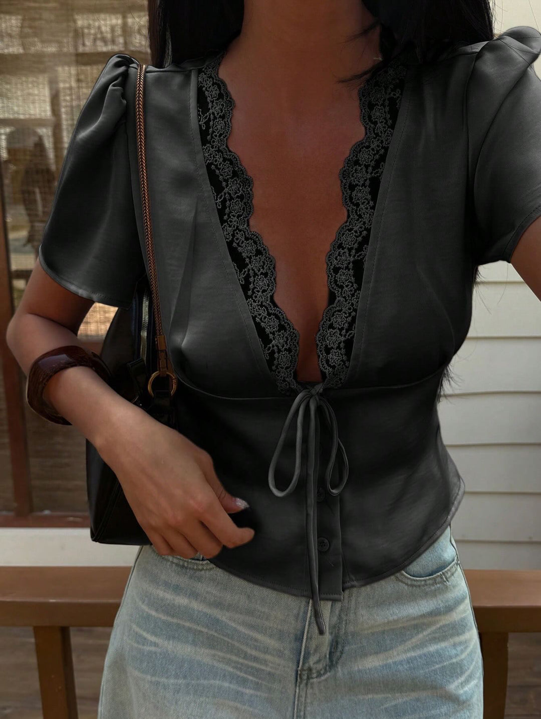Satin Blouse for Women – Lace Trim Cropped Top, Silky