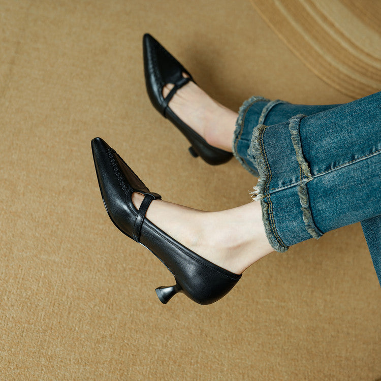 Women's Genuine Leather Pointed Toe Pumps – Woven Strap Kitten Heel