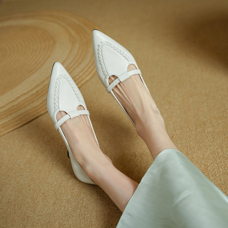 Women's Genuine Leather Pointed Toe Pumps – Woven Strap Kitten Heel
