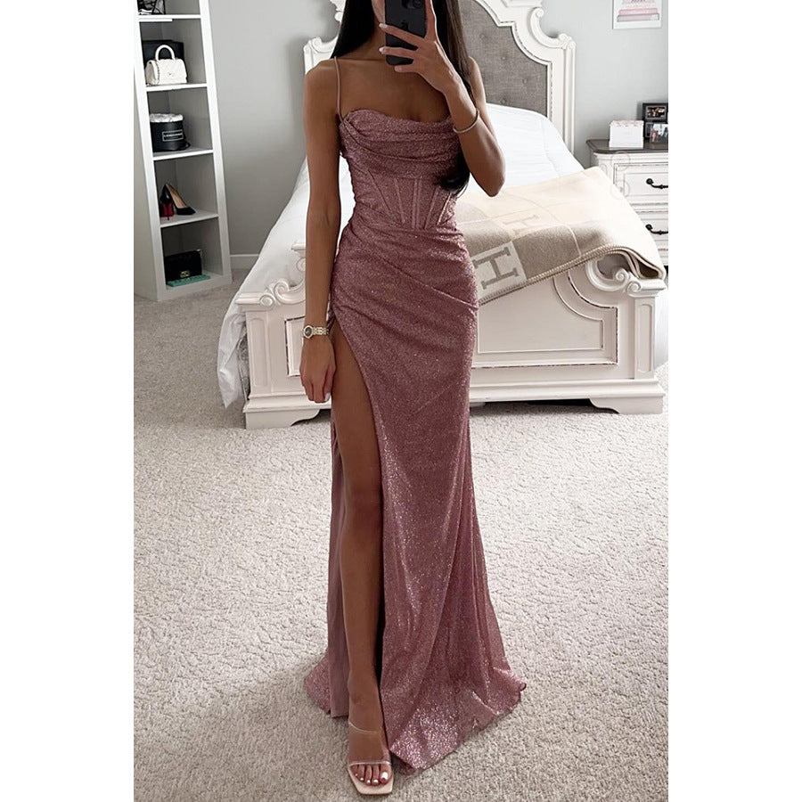 Glitter Maxi Dress – Rose Split Hem Evening