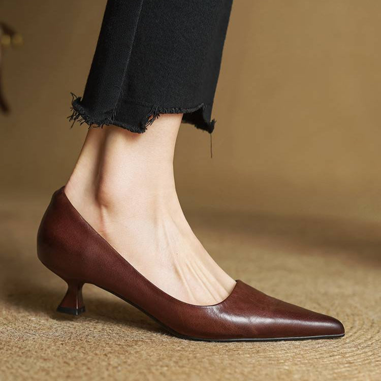 Women's Leather Pointed Toe Kitten Heel Pumps – Foam Padded Insole