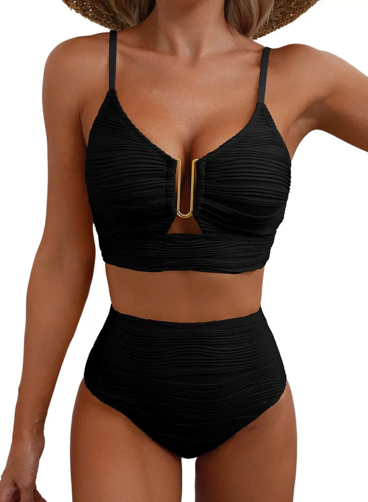High-Waist Ribbed Bikini Set – Tummy Control U-Ring Detail