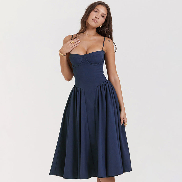 Women's Corset Bodice Midi Dress – Adjustable Straps Fitted Structured