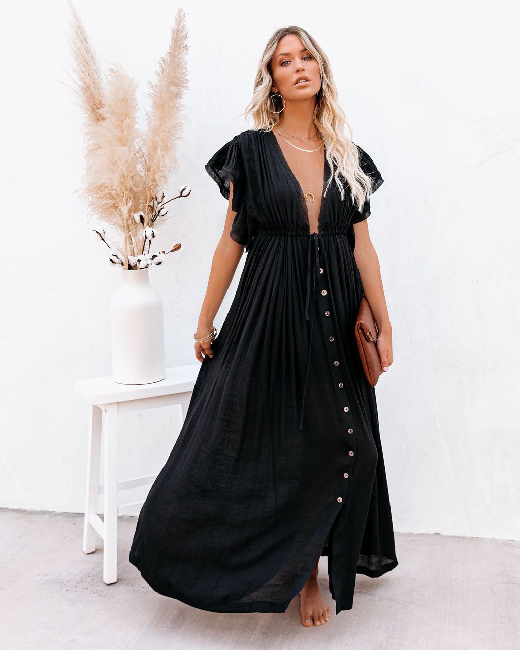 Women's Boho Button Front Maxi Dress V-Neck – Flowing Summer