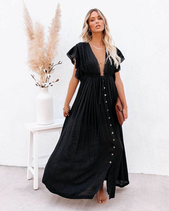 Women's Boho Button Front Maxi Dress V-Neck – Flowing Summer
