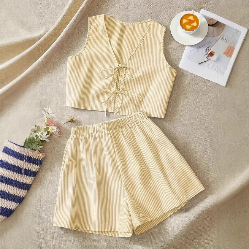 Women's Two Piece Set – Tie-Front Crop Top & High-Waist Shorts