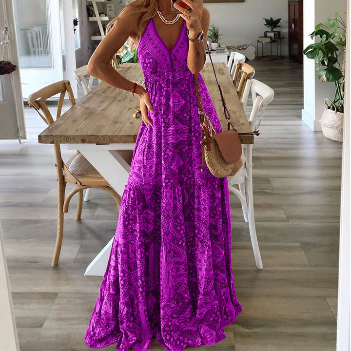 Women's Boho V-Neck Maxi Dress Spaghetti Straps – Flowy Draped