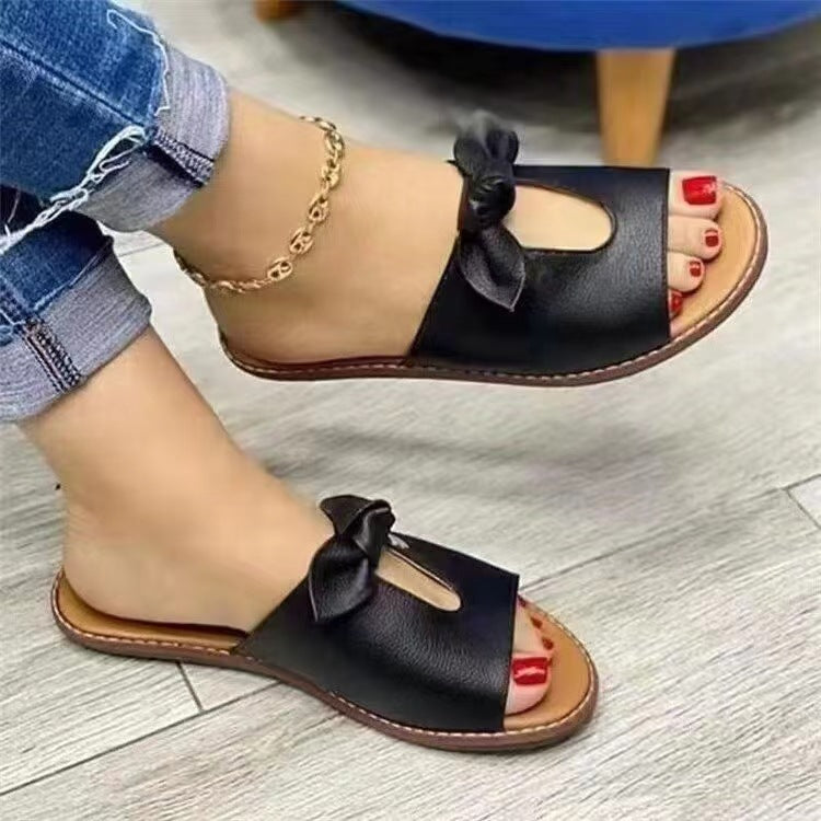 Women's Slide Sandals – Bow Accent Open Toe Summer Flats