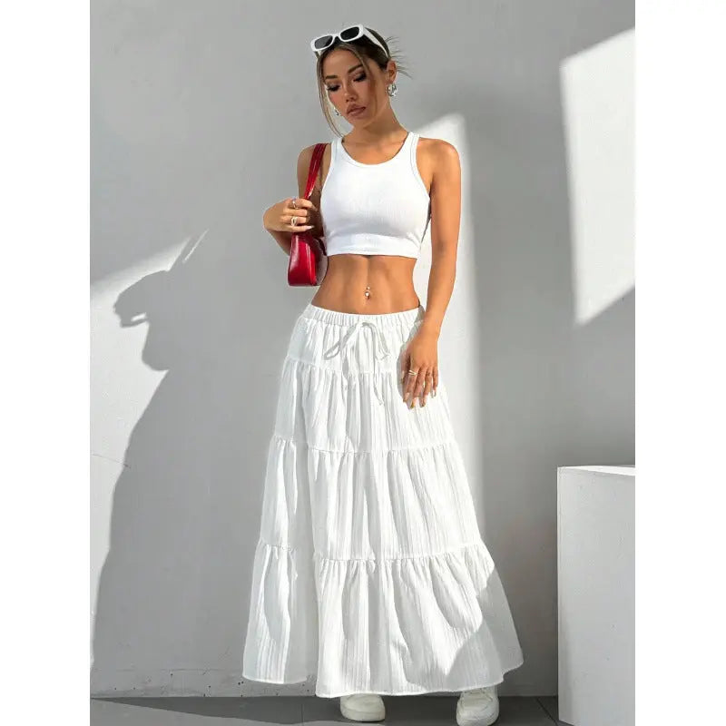 Women's Tiered Maxi Skirt – Elastic Drawstring Waist Ruffled