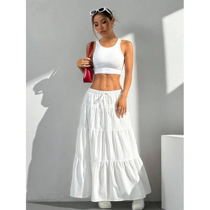 Women's Tiered Maxi Skirt – Elastic Drawstring Waist Ruffled