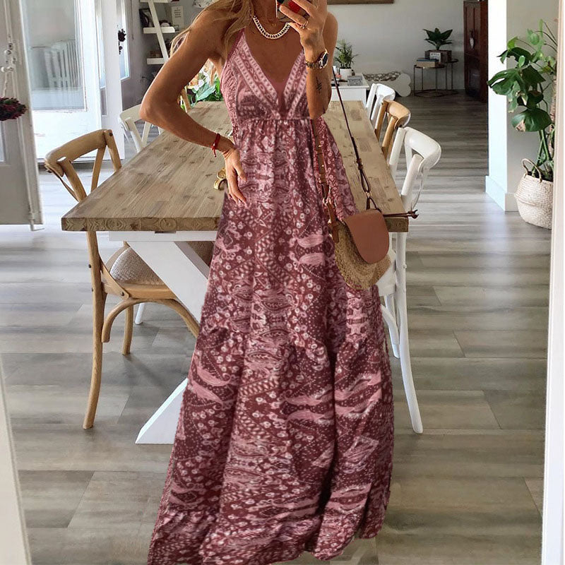 Women's Boho V-Neck Maxi Dress Spaghetti Straps – Flowy Draped