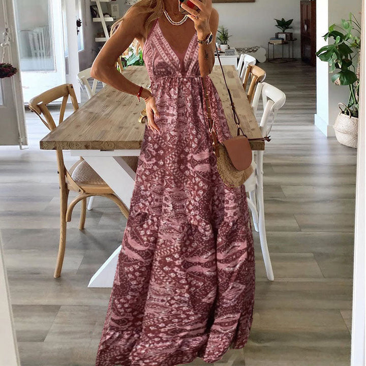 Women's Boho V-Neck Maxi Dress Spaghetti Straps – Flowy Draped
