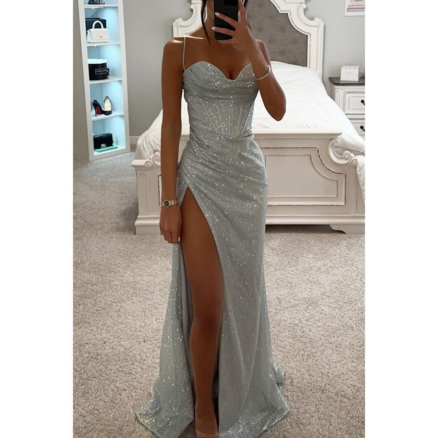 Glitter Maxi Dress – Rose Split Hem Evening