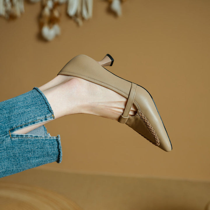 Women's Genuine Leather Pointed Toe Pumps – Woven Strap Kitten Heel