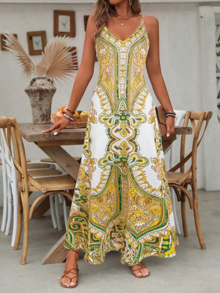Boho Maxi Dress Spaghetti Strap – Mandala Print Flowy Fit
