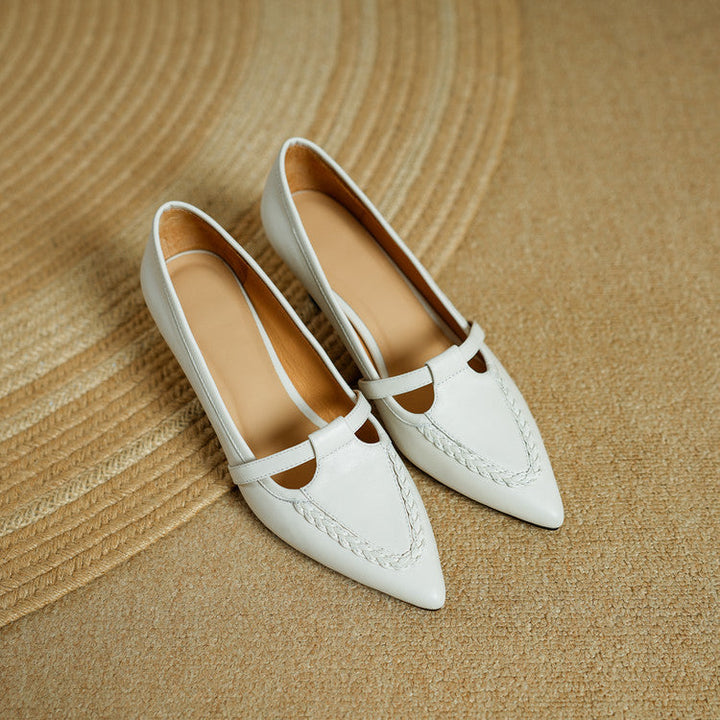 Women's Genuine Leather Pointed Toe Pumps – Woven Strap Kitten Heel