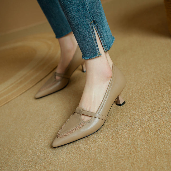 Women's Genuine Leather Pointed Toe Pumps – Woven Strap Kitten Heel