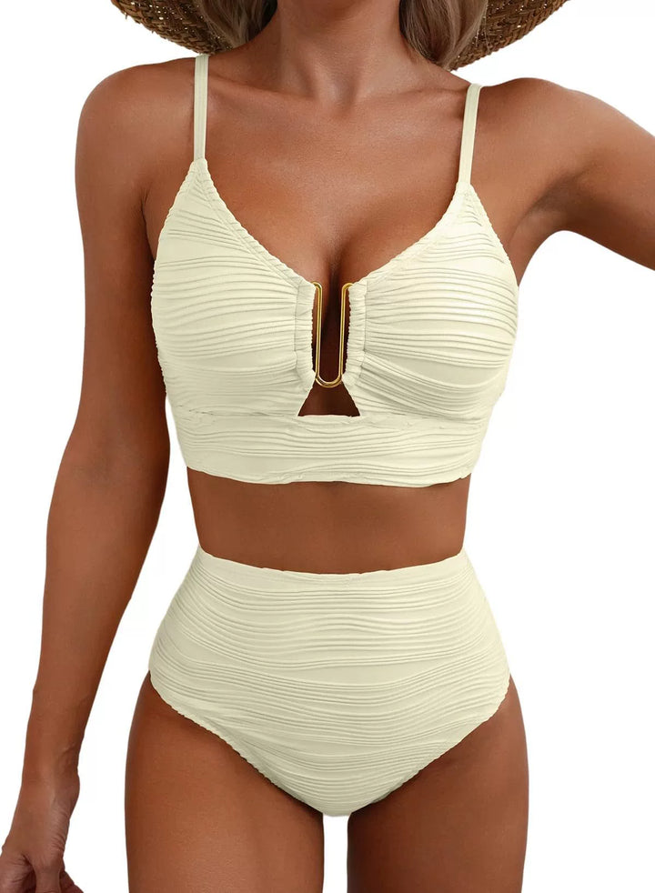 High-Waist Ribbed Bikini Set – Tummy Control U-Ring Detail
