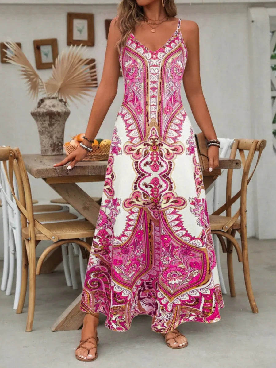 Boho Maxi Dress Spaghetti Strap – Mandala Print Flowy Fit