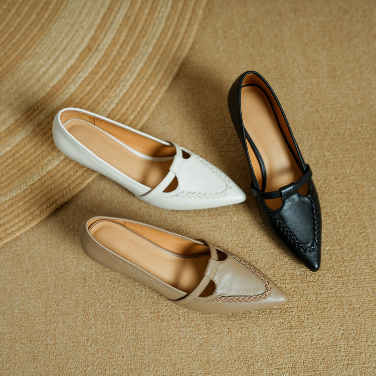 Women's Genuine Leather Pointed Toe Pumps – Woven Strap Kitten Heel
