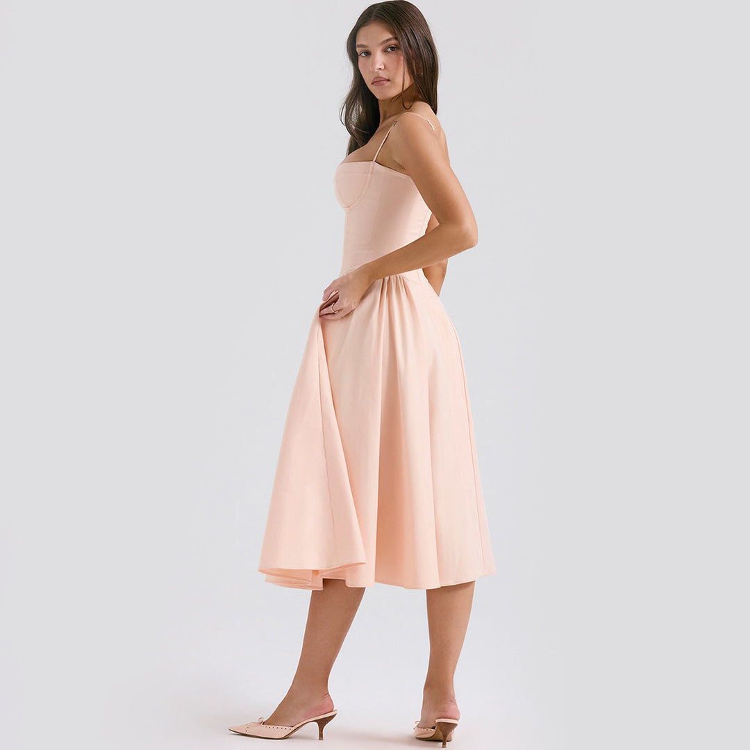 Women's Corset Bodice Midi Dress – Adjustable Straps Fitted Structured