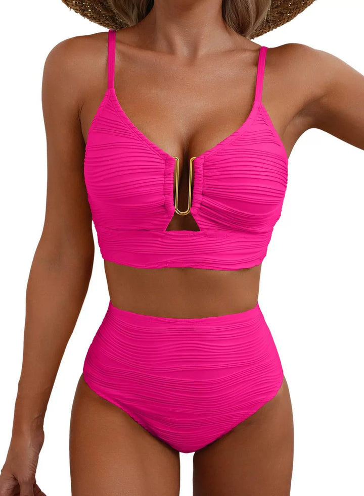 High-Waist Ribbed Bikini Set – Tummy Control U-Ring Detail
