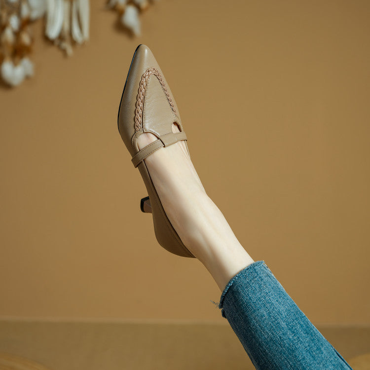 Women's Genuine Leather Pointed Toe Pumps – Woven Strap Kitten Heel